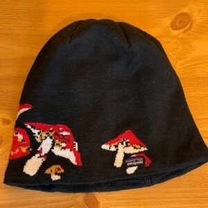 Patagonia Kids Black Beanie with Red and White Mushroom Motif